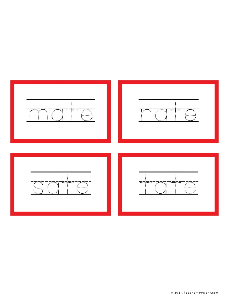 Long a -ate word cards: students trace mate, rate, sate and tate on a half page of four cards
