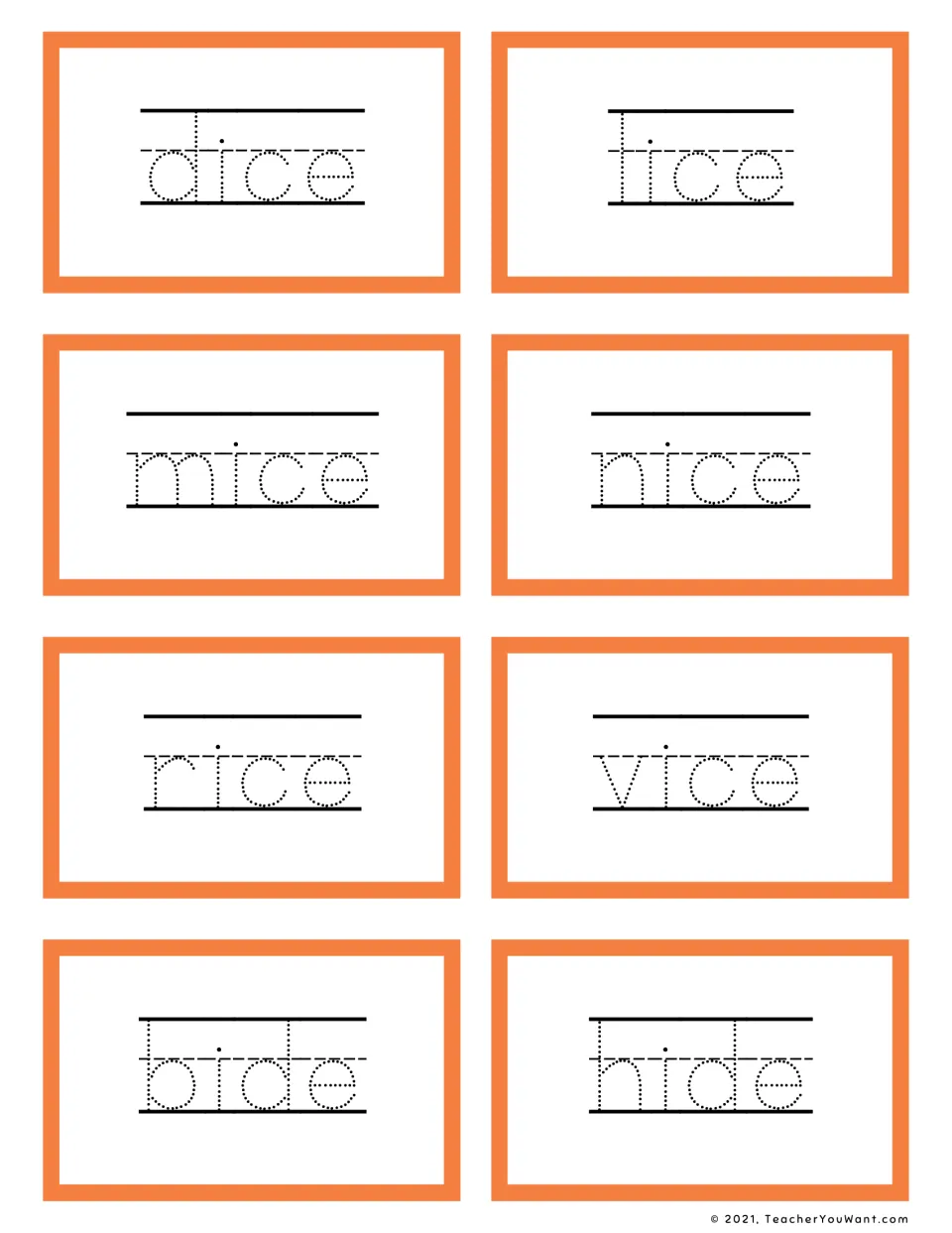 Long i CVCe tracing cards in orange: students trace dice, lice, mice, nice, rice, vice, bide and hide in dotted letters