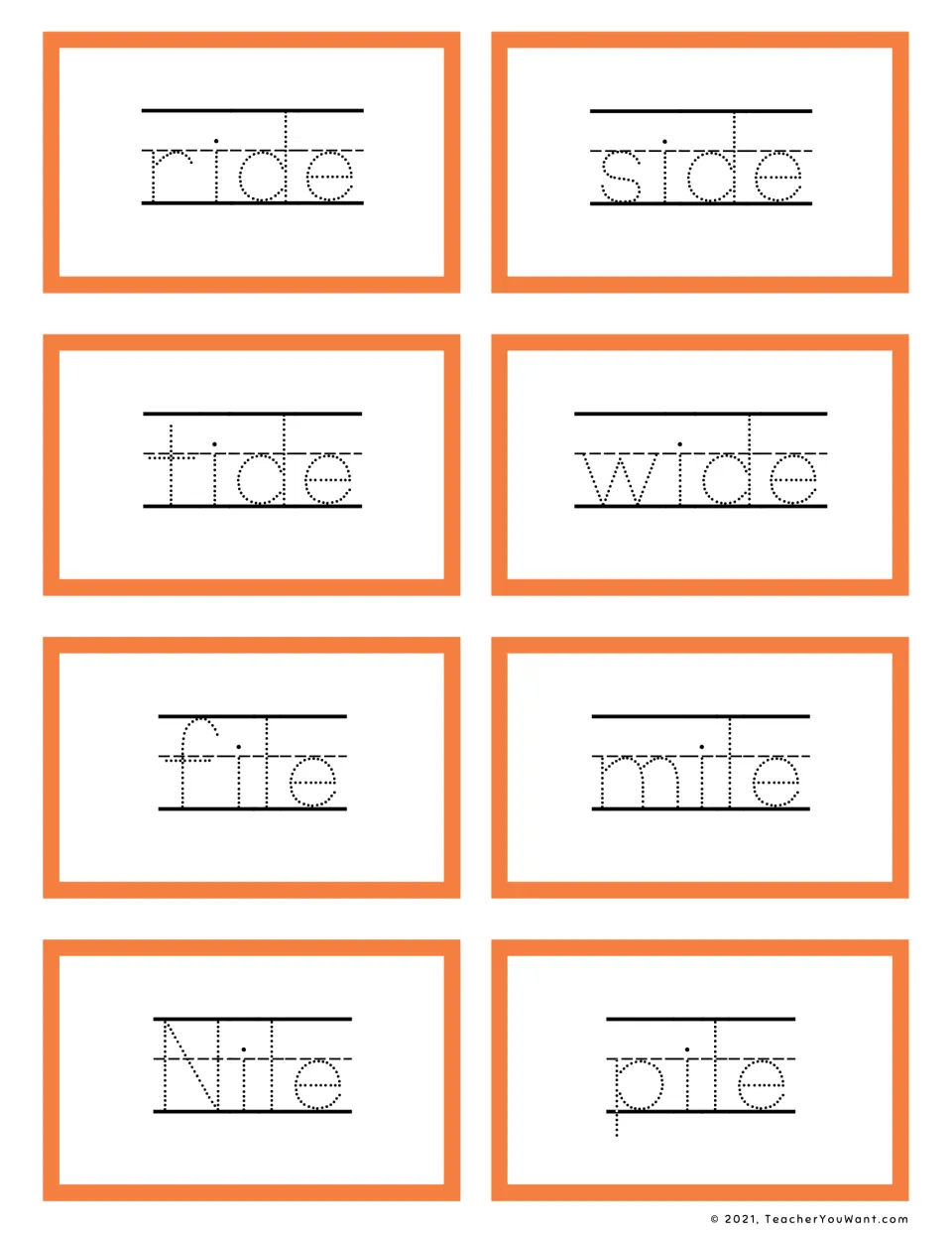 Long i -ide and -ile words: students trace ride, side, tide, wide, file, mile, Nile and pile, including capital N