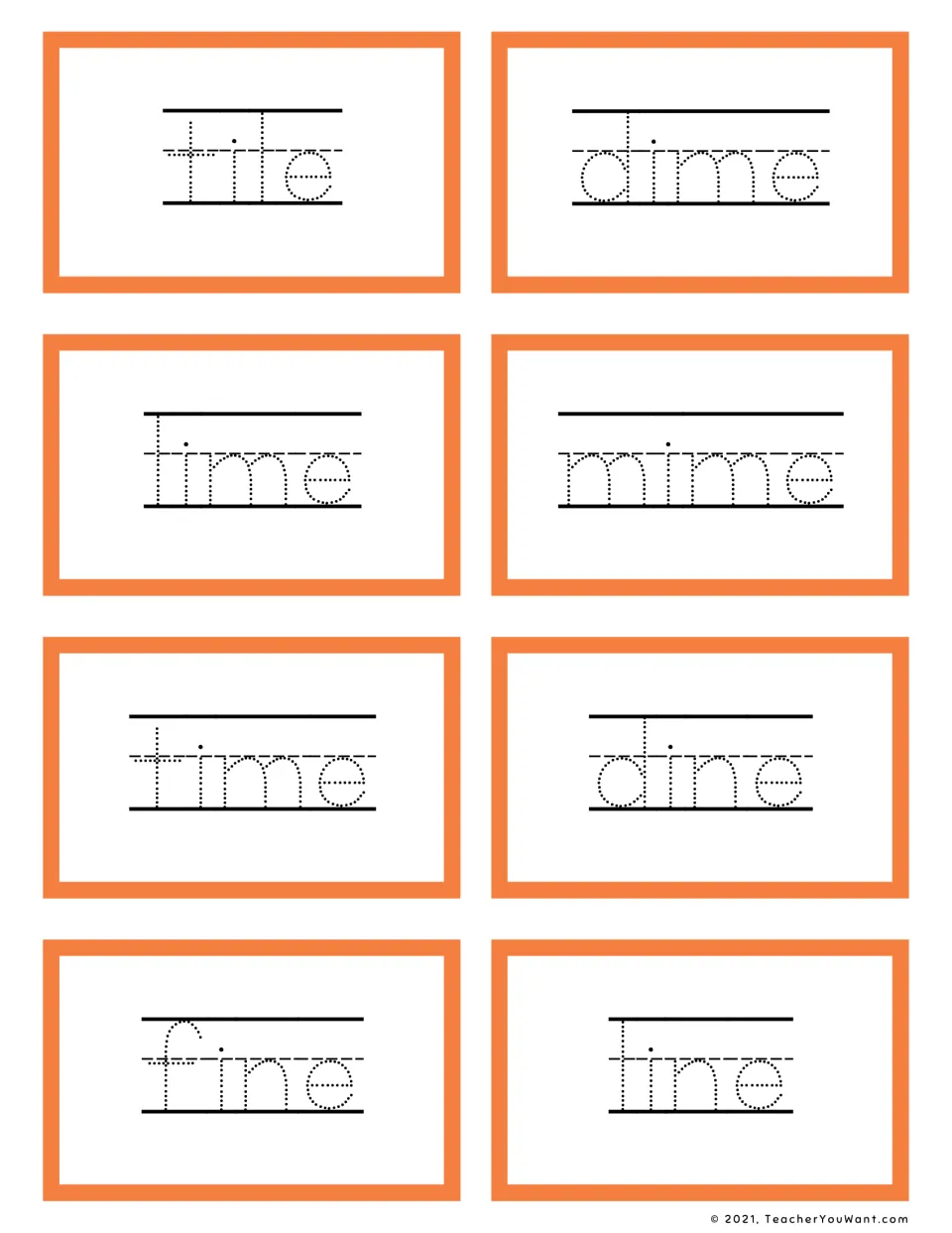 Long i -ile, -ime and -ine words: students trace tile, dime, lime, mime, time, dine, fine and line on 8 cards