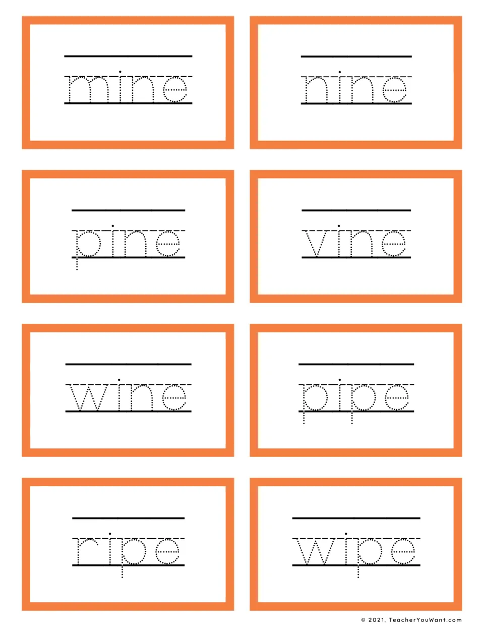 Long i -ine and -ipe words: students trace mine, nine, pine, vine, wine, pipe, ripe and wipe in dotted print