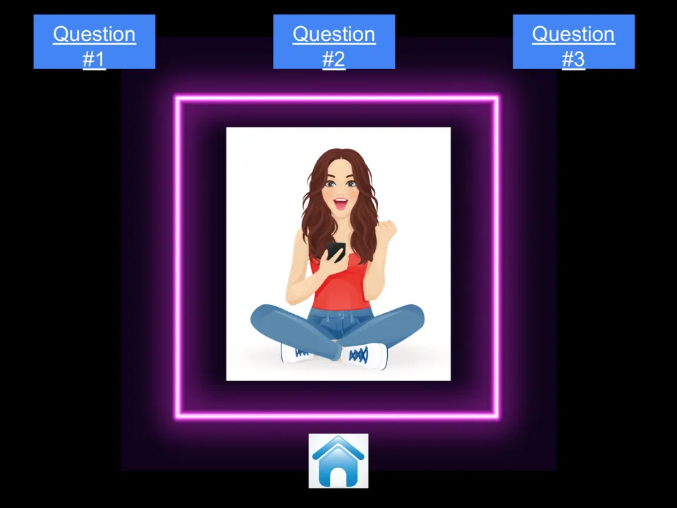 Suzy's character menu for the digital citizenship game, showing Question #1, Question #2, and Question #3