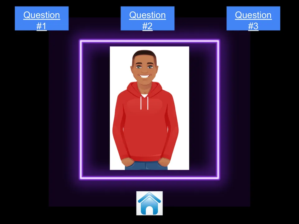 Kevin's character menu for the digital citizenship game, showing Question #1, Question #2, and Question #3