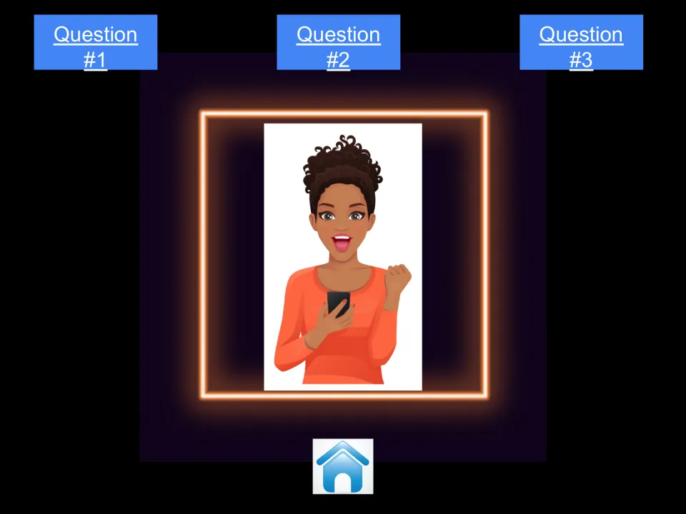 Shauna's character menu for the digital citizenship game, showing Question #1, Question #2, and Question #3