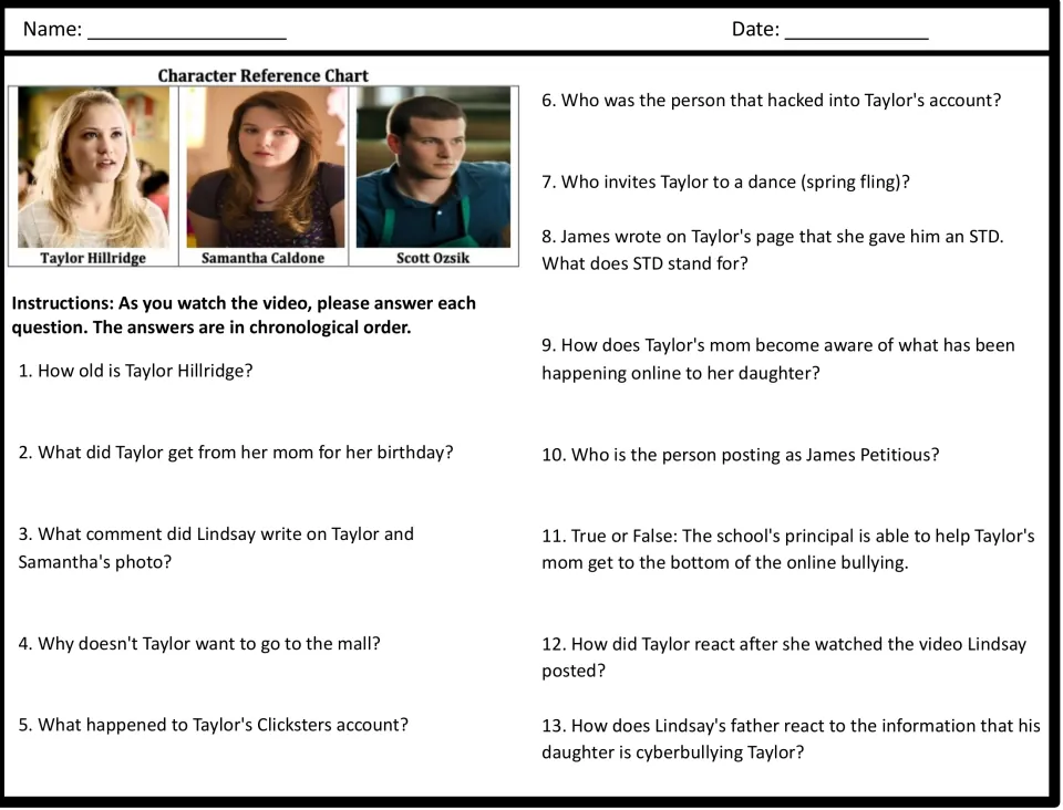 Movie guide questions 1–13 about Taylor Hillridge's cyberbullying, plus a three-character reference chart