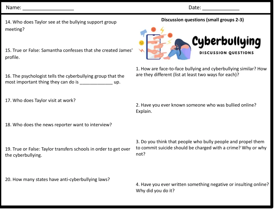 Movie guide questions 14–20 about support and speaking up, followed by four cyberbullying discussion questions