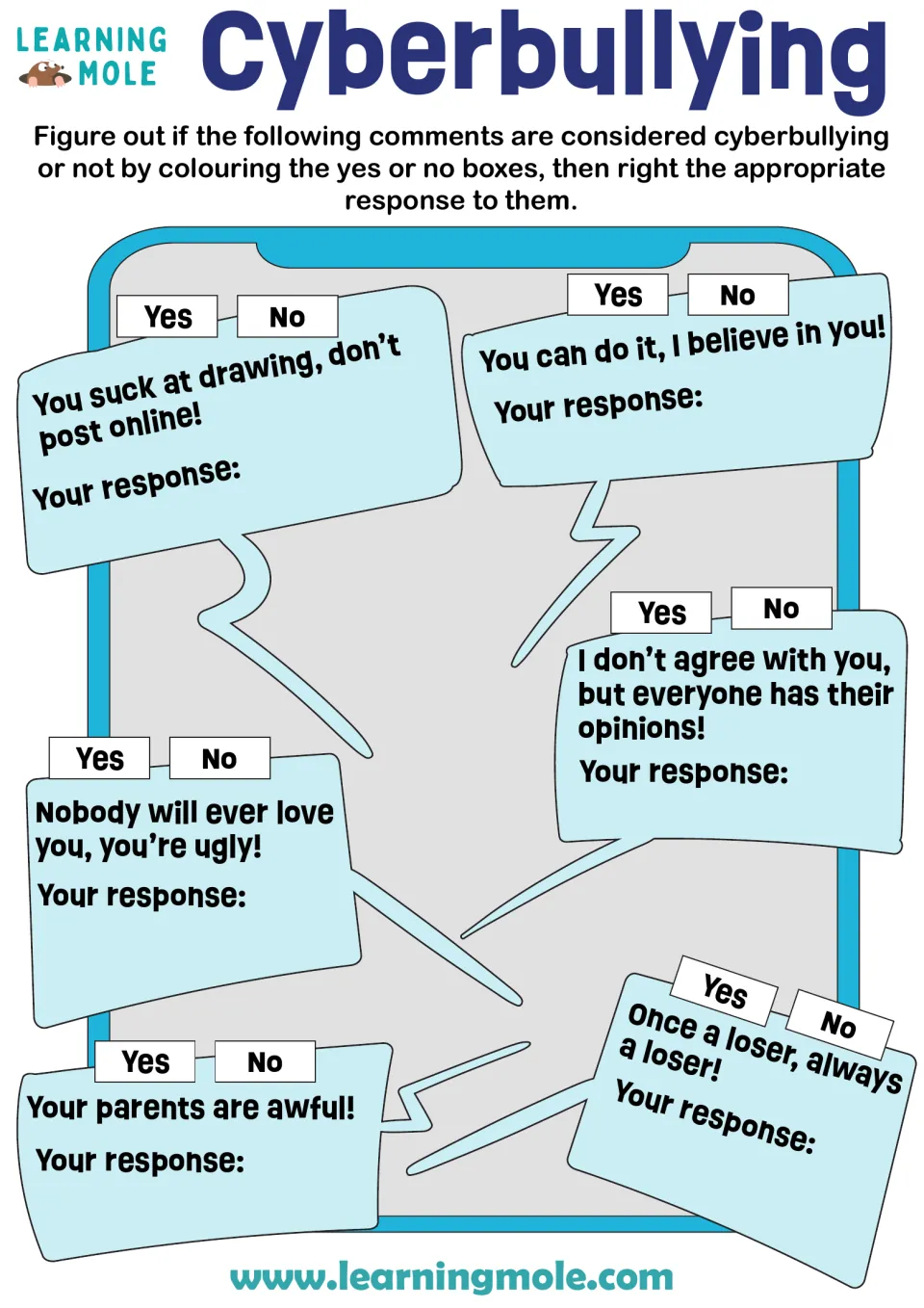 Cyberbullying or not: students color yes or no for six online comments, from insults to praise, then respond to each