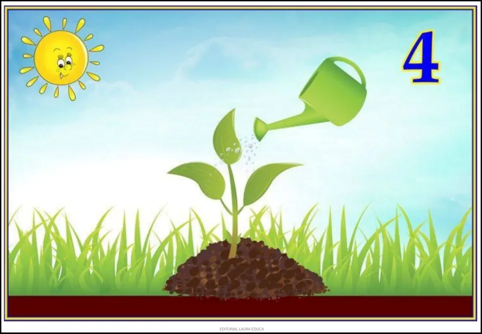Tree cycle poster 4 of 9 shows a watering can sprinkling water onto a taller seedling with green leaves.