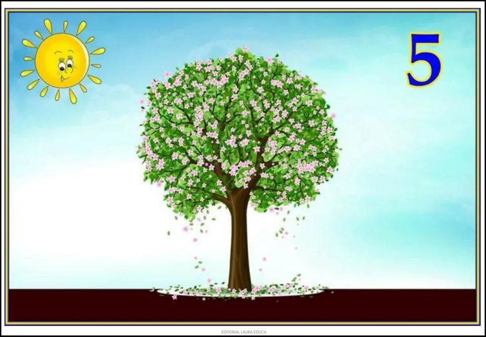 Tree cycle poster 5 of 9 shows a mature tree covered in green leaves and pink blossoms, with fallen petals.