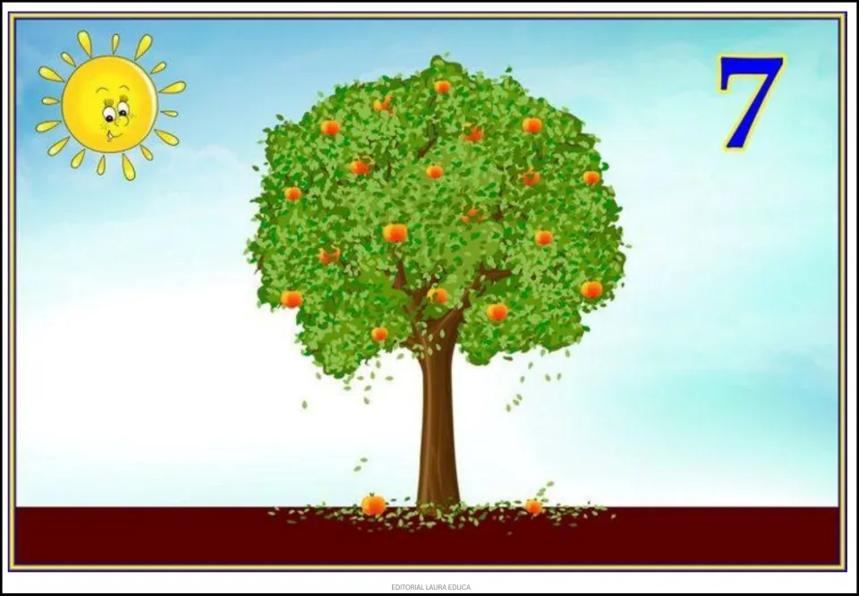 Tree cycle poster 7 of 9 shows orange-colored fruit among green leaves, with fallen fruit beneath the tree.