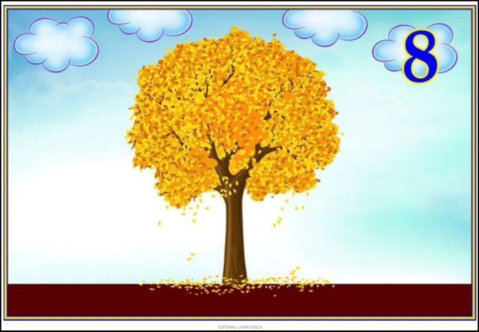 Tree cycle poster 8 of 9 shows a tree with yellow and orange fall leaves, with leaves falling to the ground.