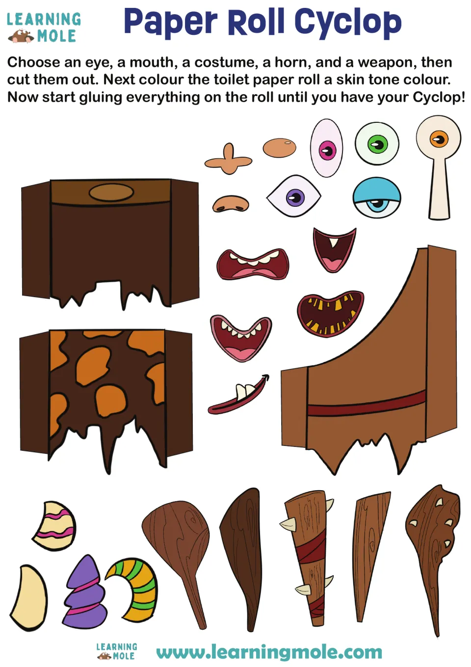 Paper Roll Cyclop craft: students cut out an eye, mouth, costume, horn and club, then glue them on a colored toilet roll