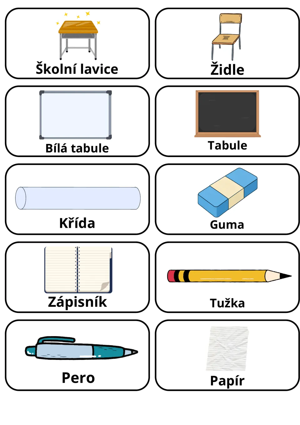 Czech school flashcards 1–10: školní lavice (school desk), židle (chair), bílá tabule (whiteboard) and 7 more.