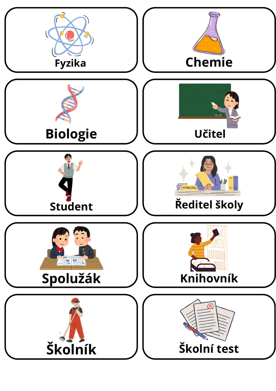 Czech school flashcards 21–30: fyzika (physics), chemie (chemistry), učitel (teacher) and 7 more.