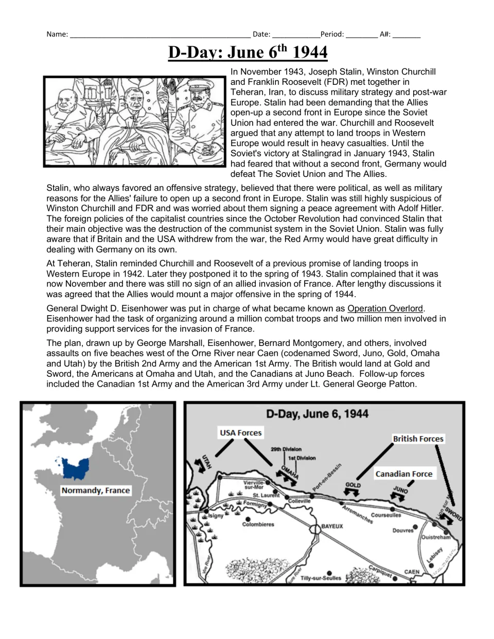 Reading passage opening on Allied planning for D-Day, Operation Overlord, and the five Normandy beaches.