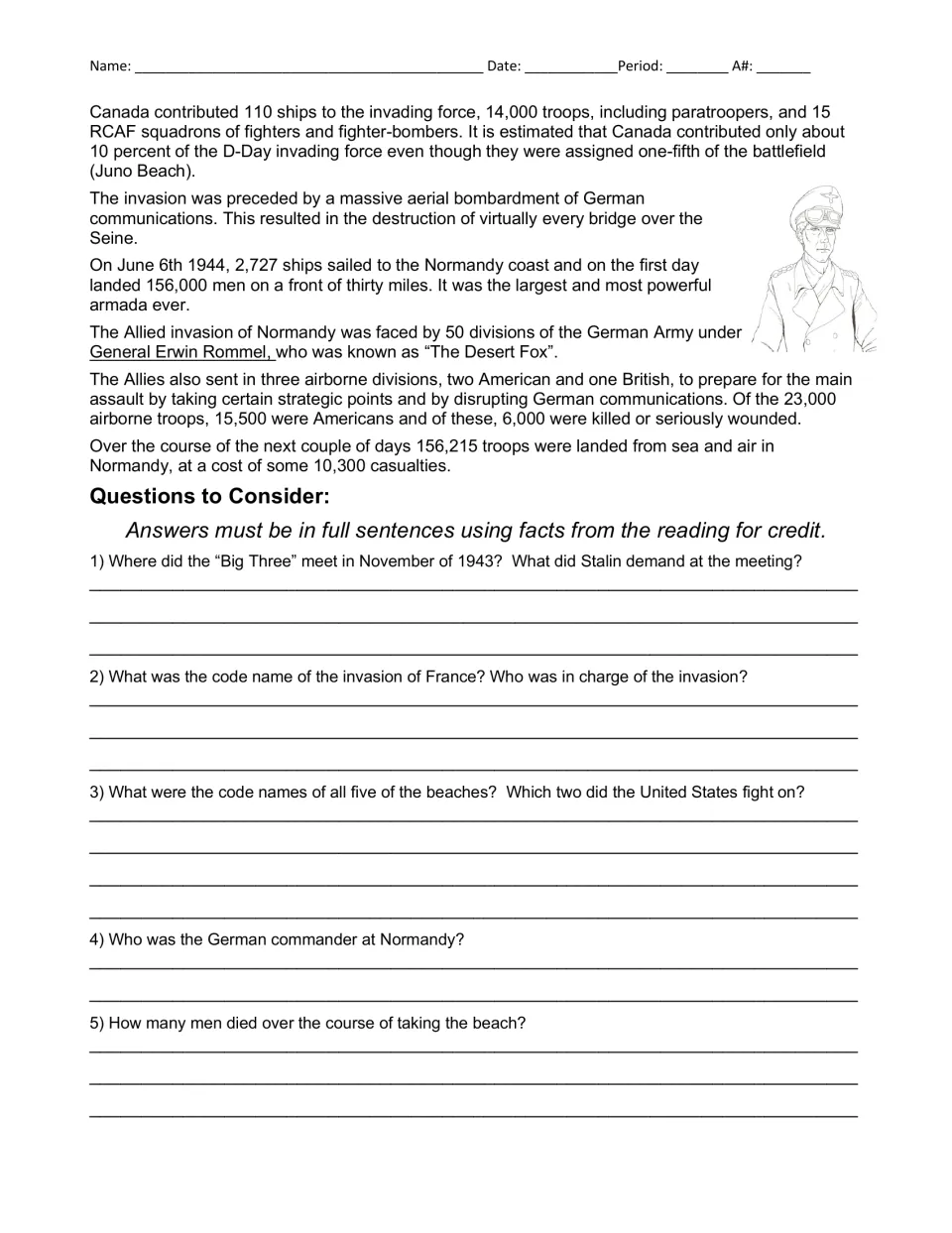 Reading passage conclusion on the Normandy invasion, followed by five D-Day comprehension questions.