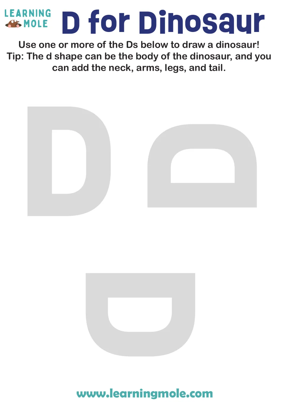 Letter D dinosaur drawing: students use three rotated gray D shapes as bodies and add a neck, arms, legs and tail