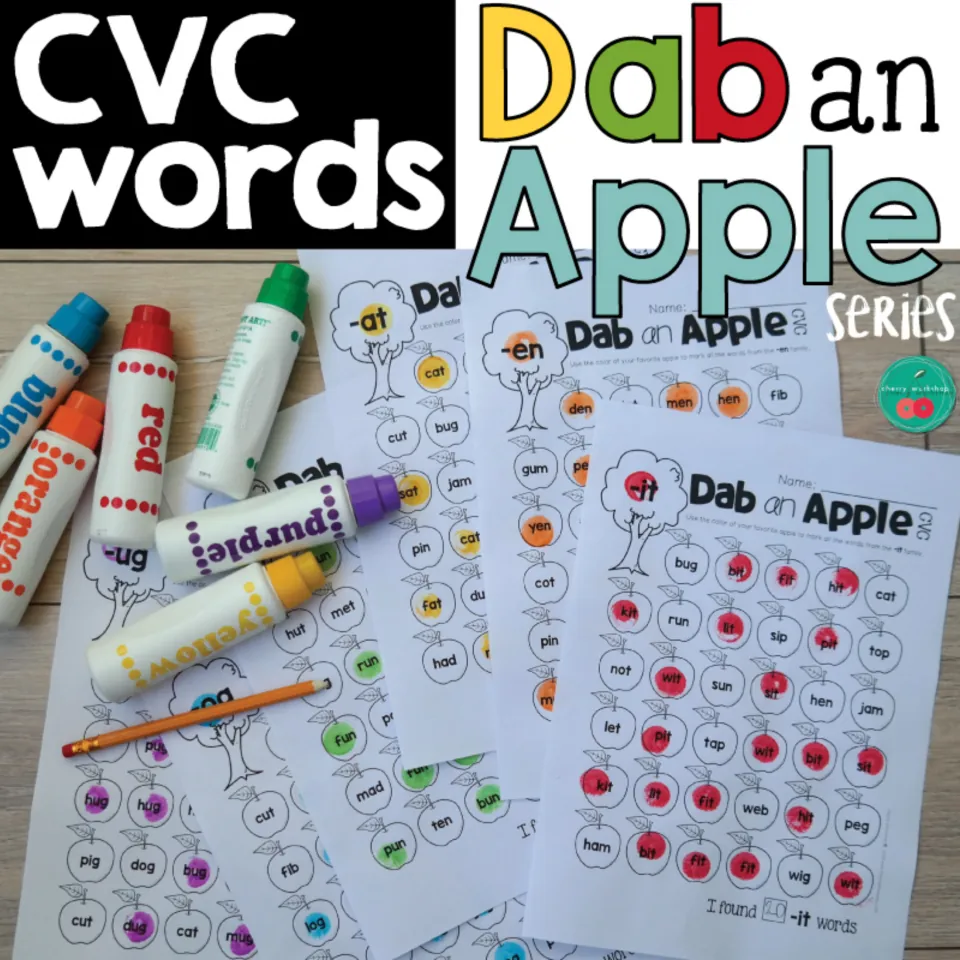 CVC word-family resource preview showing marked apple worksheets for -at, -en, -it and other endings