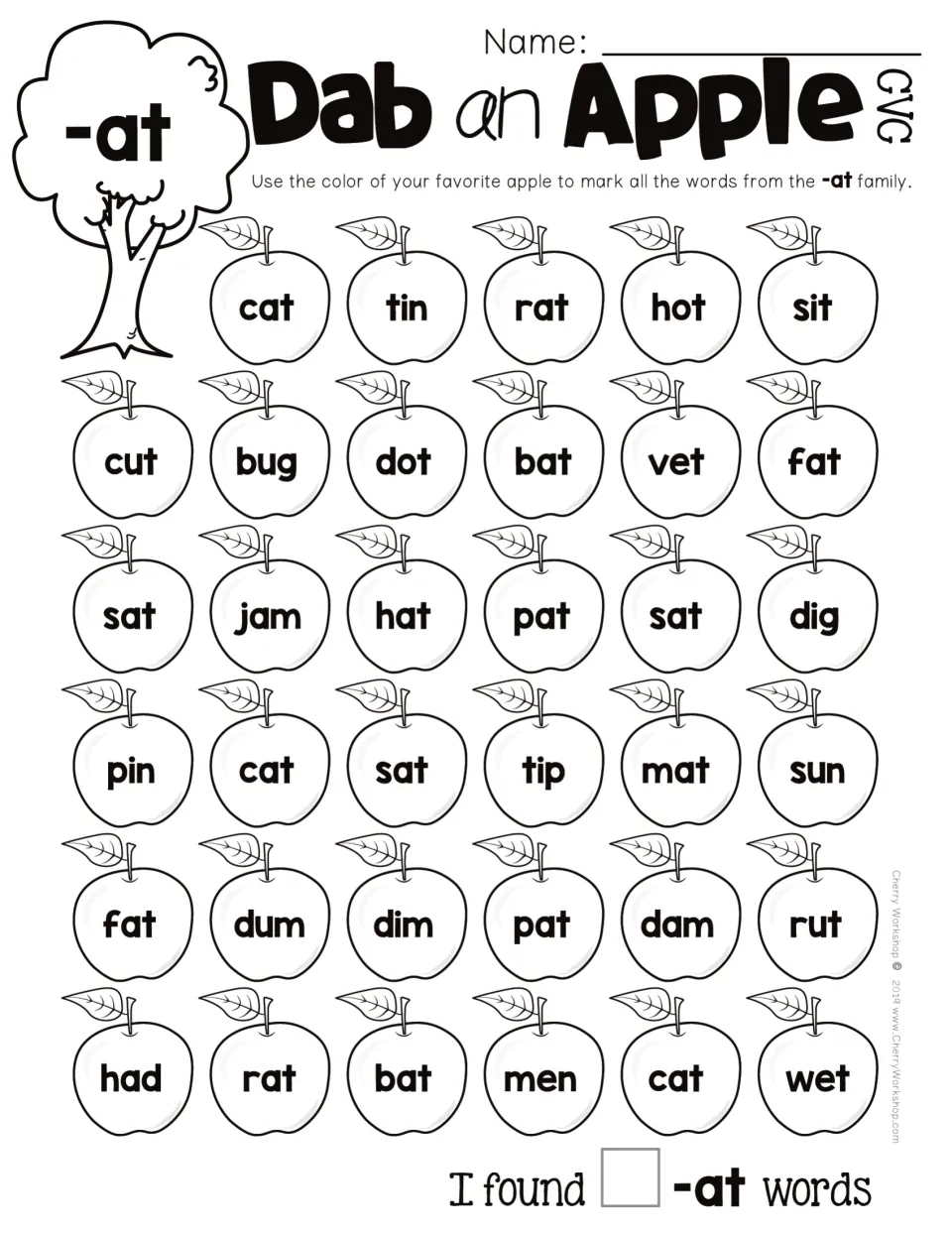 CVC -at word-family practice: mark apples containing cat, rat, bat and other -at words, then count matches