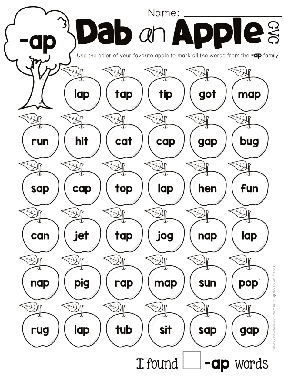 CVC -ap word-family practice: mark apples containing lap, tap, map and other -ap words, then count matches