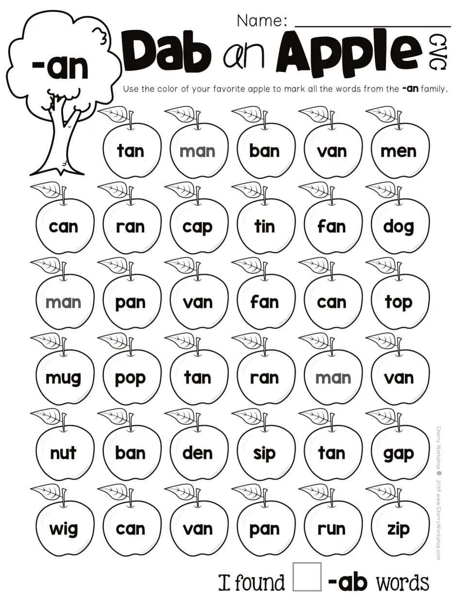CVC -an word-family practice: mark apples containing tan, man, ban and other -an words, then count matches