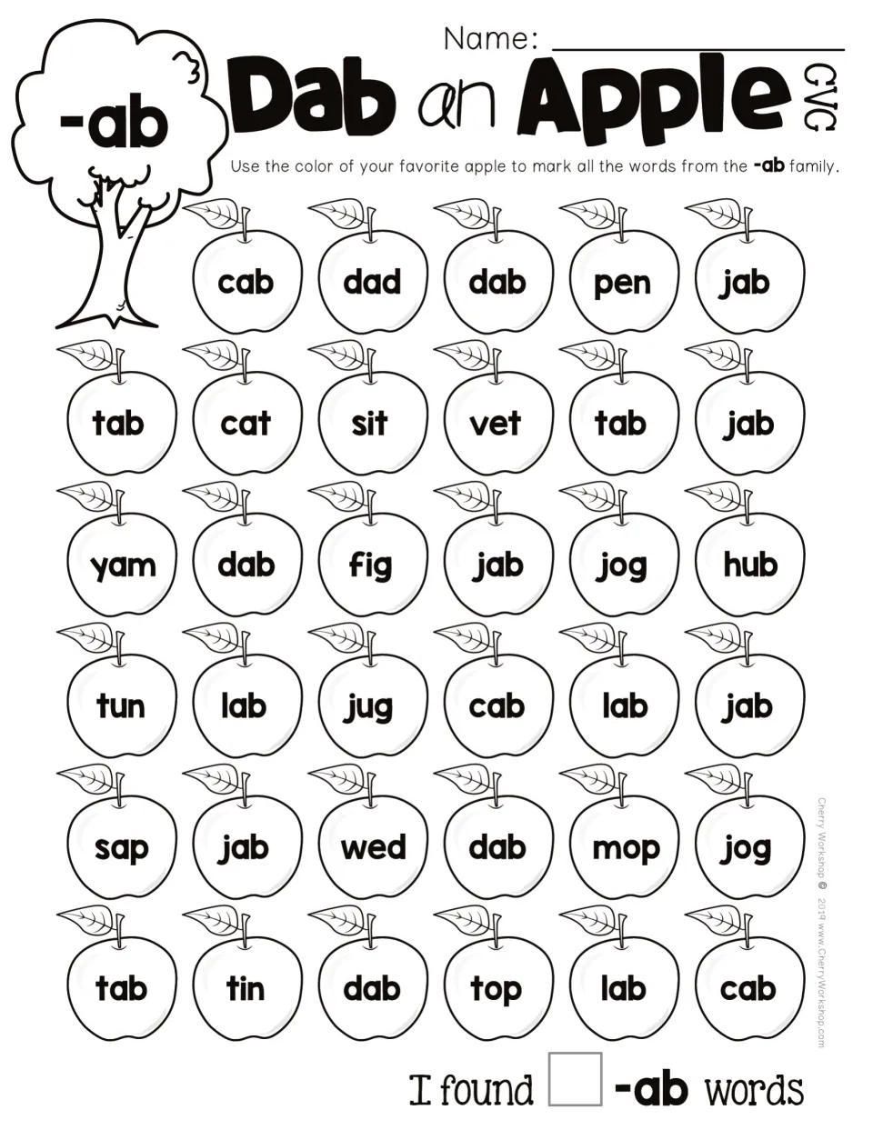 CVC -ab word-family practice: mark apples containing cab, dab, jab and other -ab words, then count matches