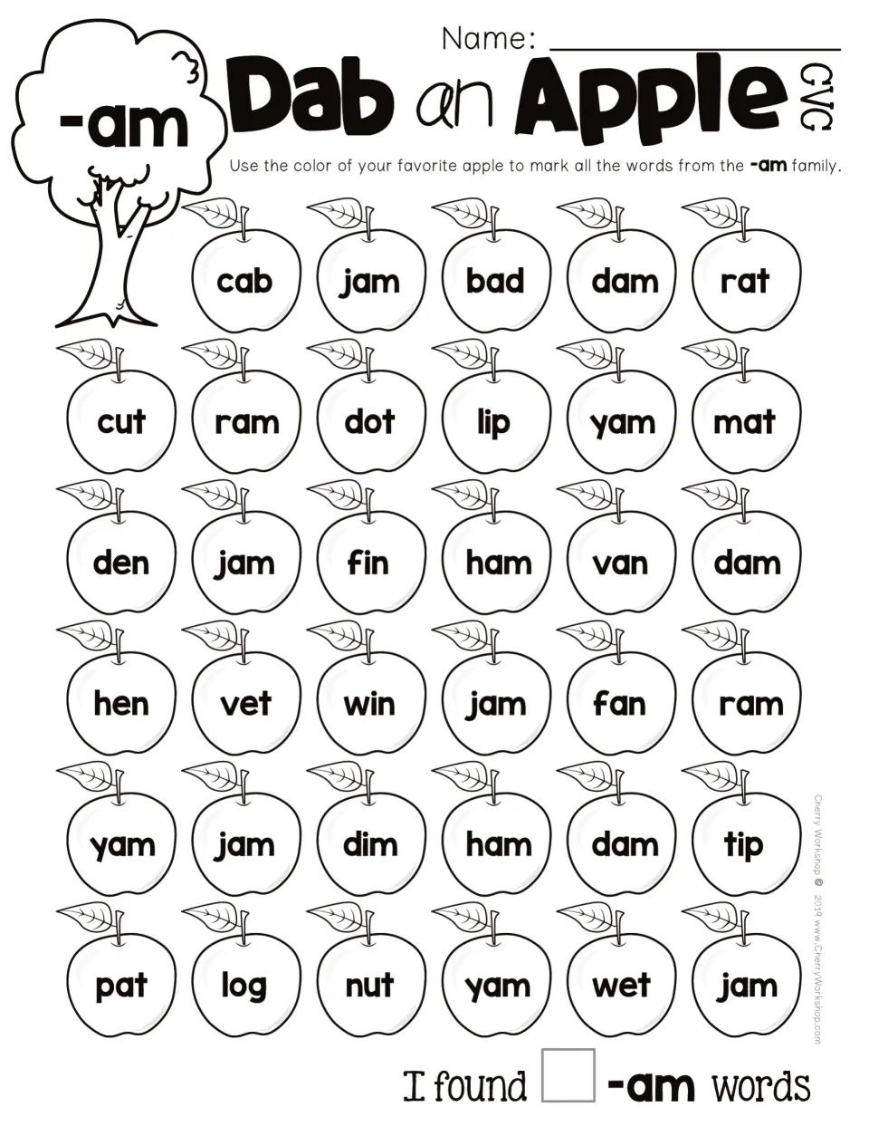 CVC -am word-family practice: mark apples containing jam, dam, ram and other -am words, then count matches