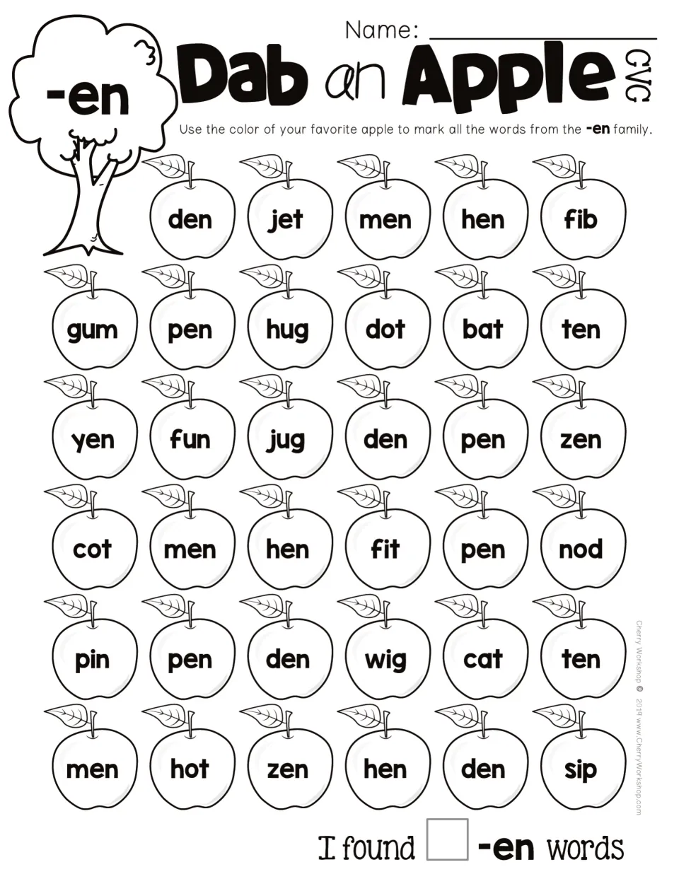 CVC -en word-family practice: mark apples containing den, men, hen and other -en words, then count matches
