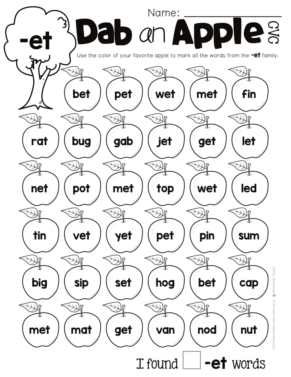 CVC -et word-family practice: mark apples containing bet, pet, wet and other -et words, then count matches