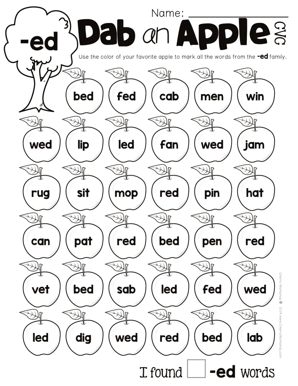 CVC -ed word-family practice: mark apples containing bed, fed, wed and other -ed words, then count matches