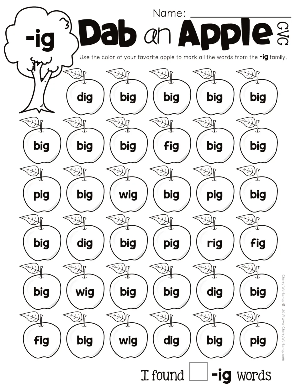 CVC -ig word-family practice: all 35 apples contain -ig words, including big, dig, fig, pig, wig and rig