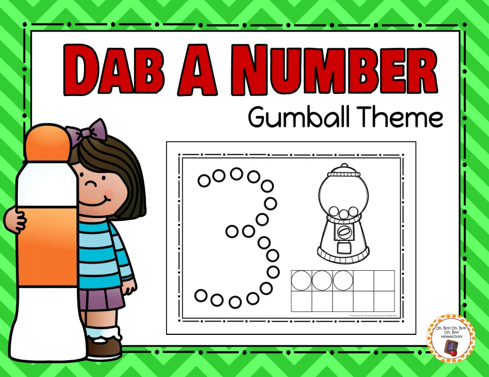 Dab a Number gumball theme cover: a girl holding a dot marker beside a sample number 3 sheet with a gumball machine