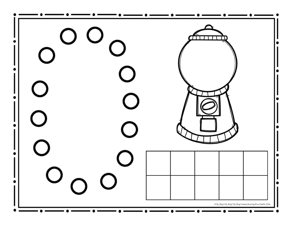 Number 0 dot page: students dab each circle to trace the numeral 0; the gumball machine and the ten frame are left empty