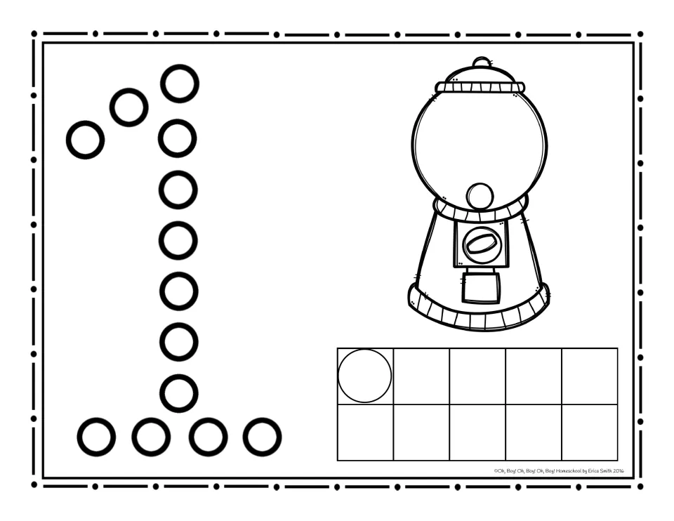 Number 1 dot page: students dab circles to trace the numeral 1 and count 1 gumball in the machine and 1 in the ten frame