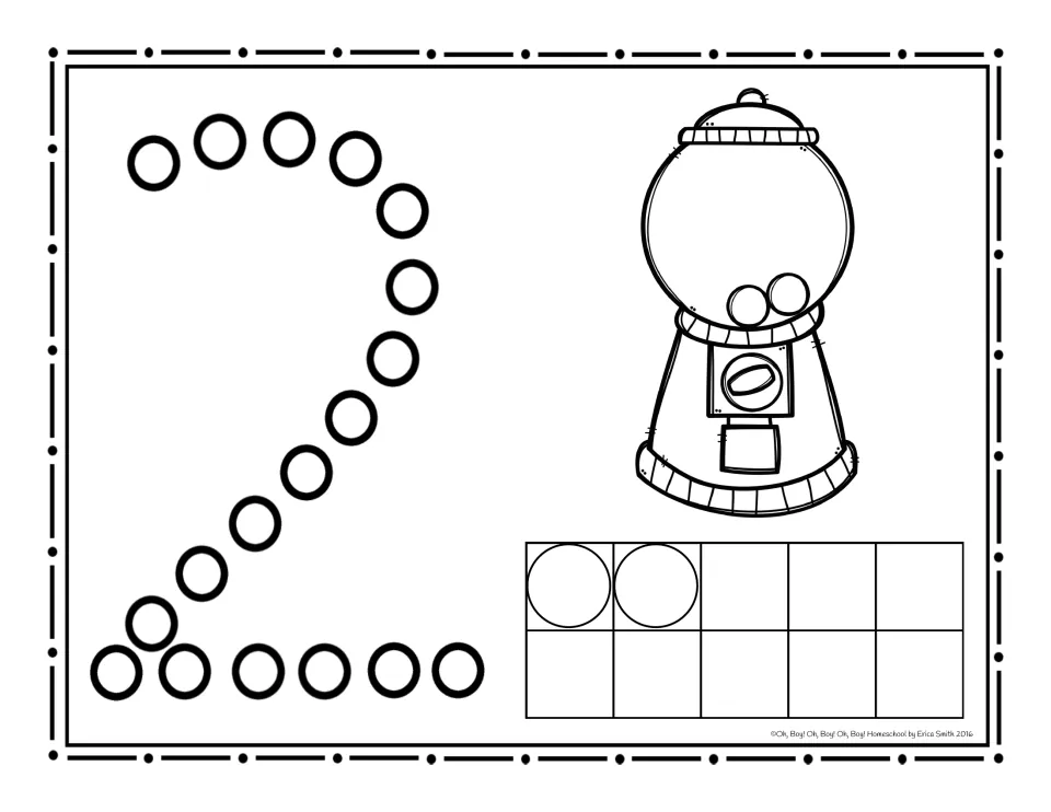 Number 2 dot page: students dab circles to trace the numeral 2 and count 2 gumballs in the machine and 2 in the ten frame