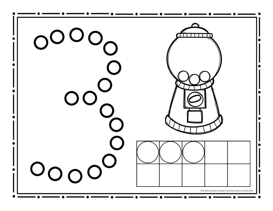 Number 3 dot page: students dab circles to trace the numeral 3 and count 3 gumballs in the machine and 3 in the ten frame