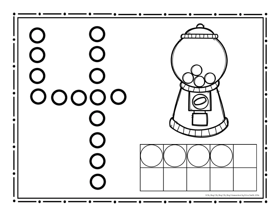 Number 4 dot page: students dab circles to trace the numeral 4 and count 4 gumballs in the machine and 4 in the ten frame