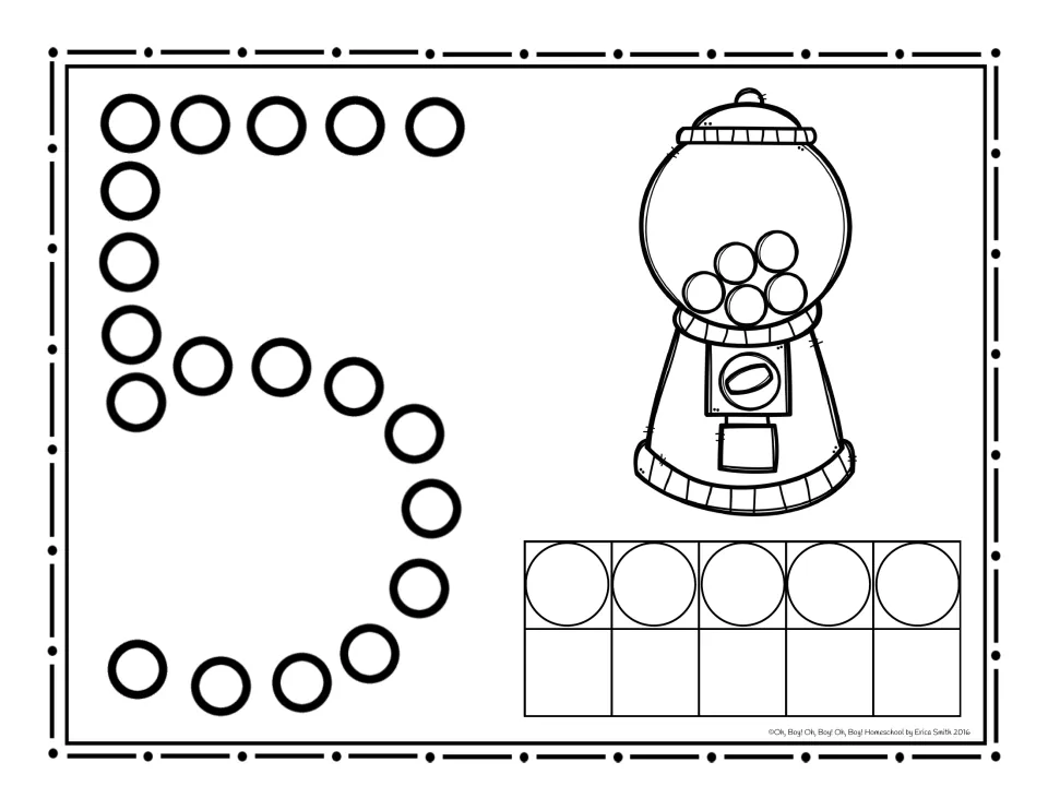 Number 5 dot page: students dab circles to trace the numeral 5 and count 5 gumballs; the top row of the ten frame is full