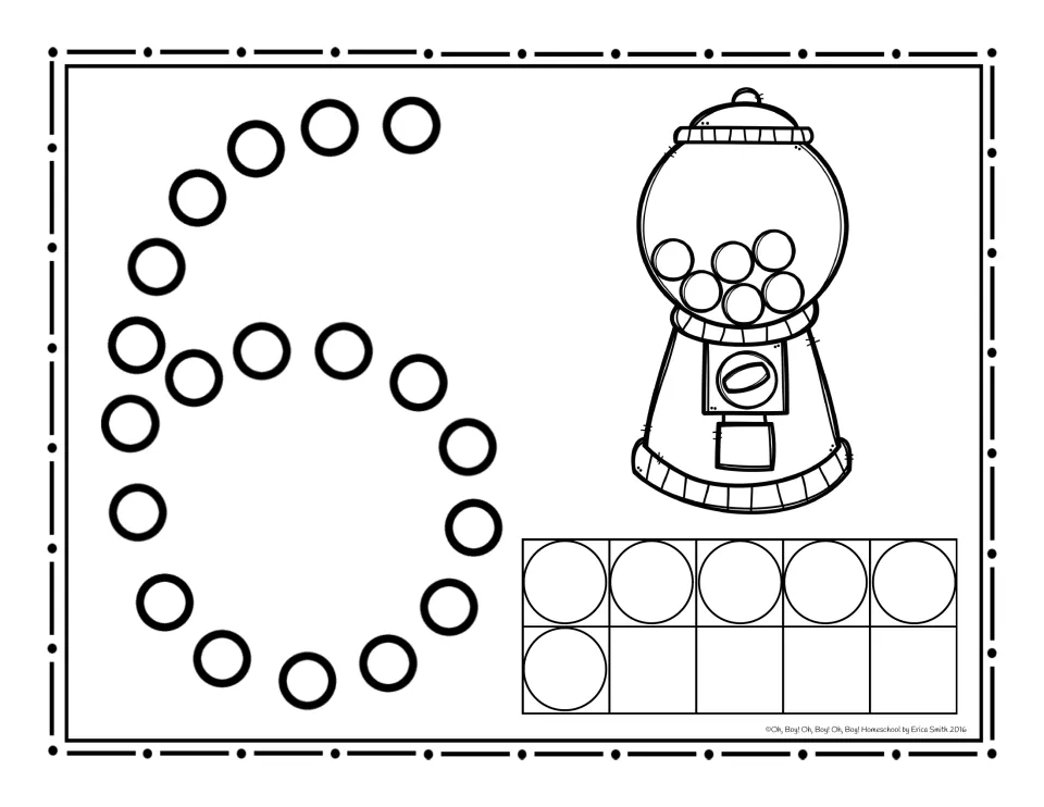 Number 6 dot page: students dab circles to trace the numeral 6 and count 6 gumballs, shown as 5 and 1 more in the ten frame
