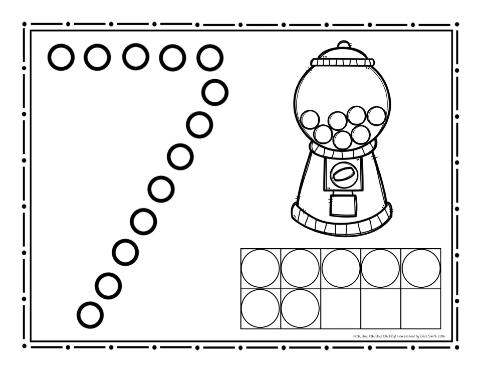 Number 7 dot page: students dab circles to trace the numeral 7 and count 7 gumballs, shown as 5 and 2 more in the ten frame