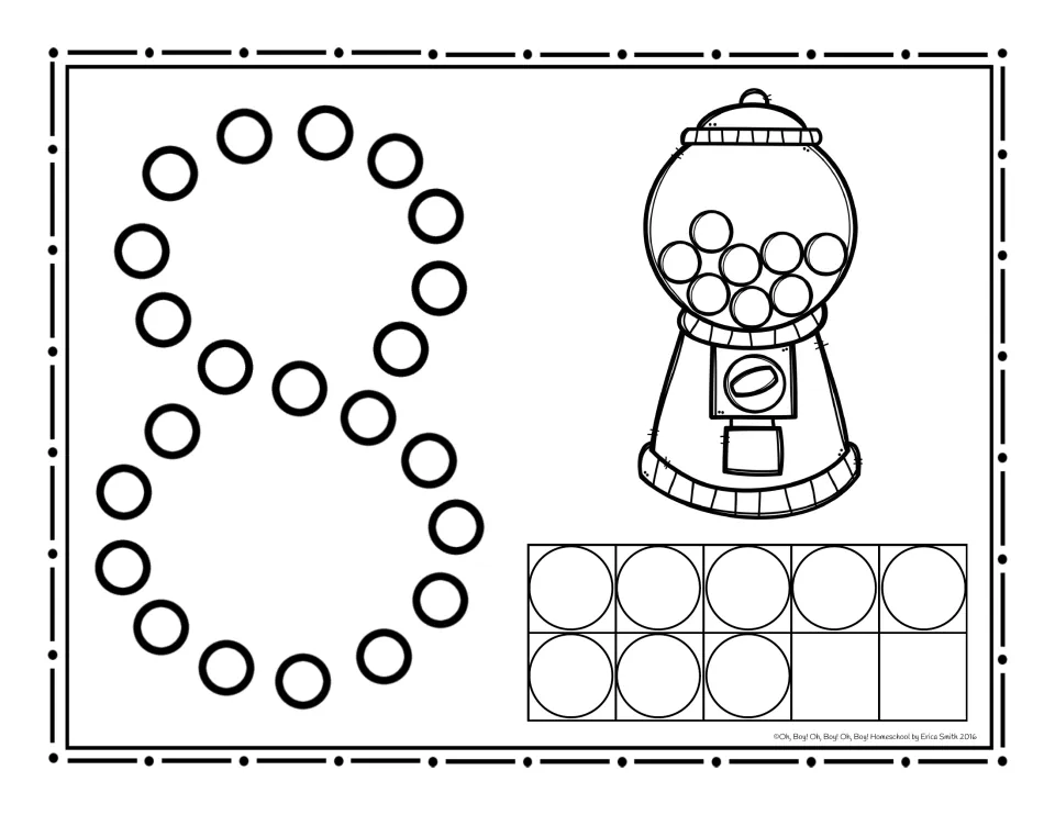 Number 8 dot page: students dab circles to trace the numeral 8 and count 8 gumballs, shown as 5 and 3 more in the ten frame