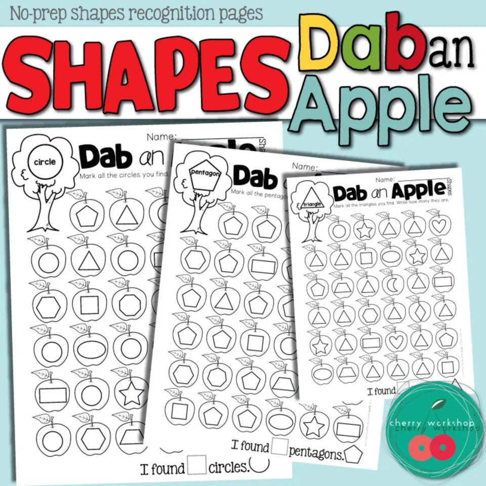 Shapes Dab an Apple cover: no-prep shape recognition pages showing circle, pentagon and triangle apple sheets
