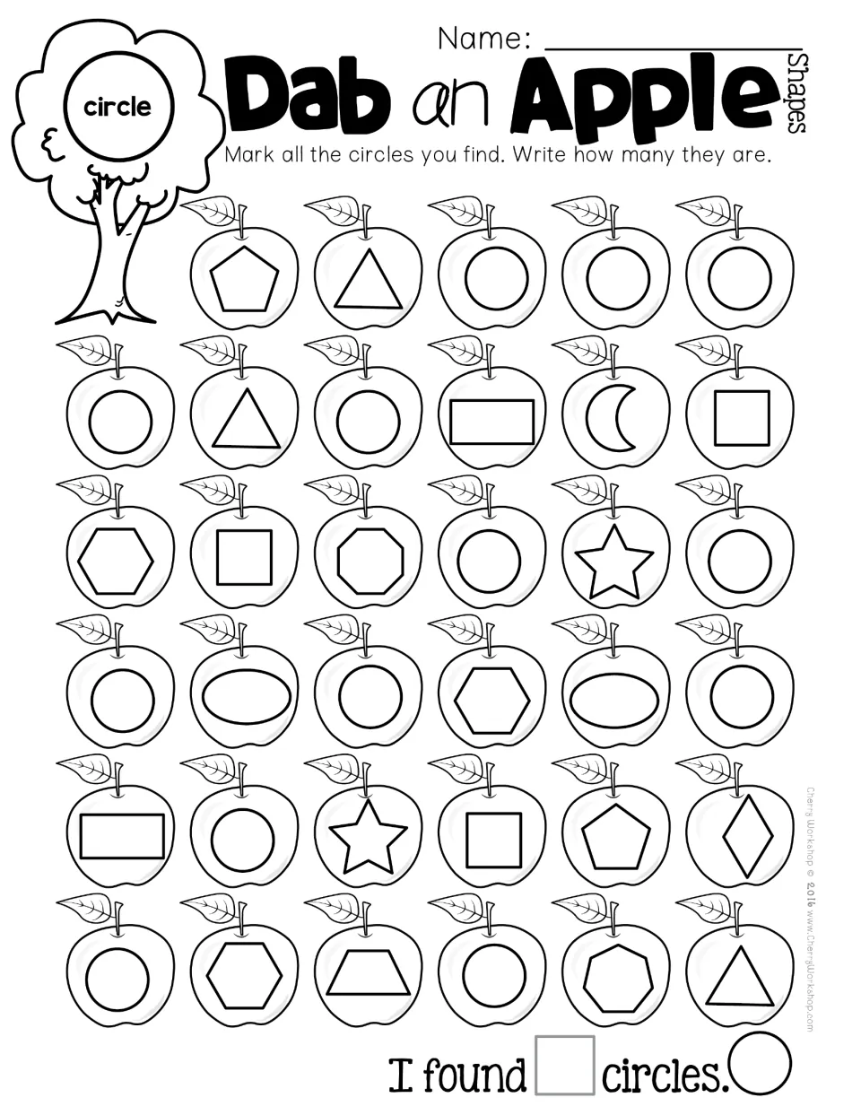 Dab an Apple circles: students find and mark every circle among 35 shape apples, then write how many they found