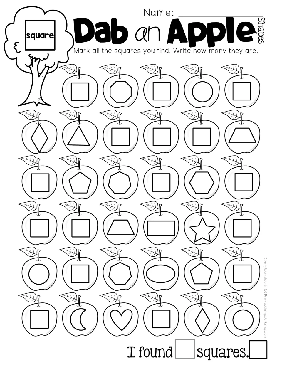 Dab an Apple squares: students dab each square among apples showing diamonds, stars and other shapes, then count them