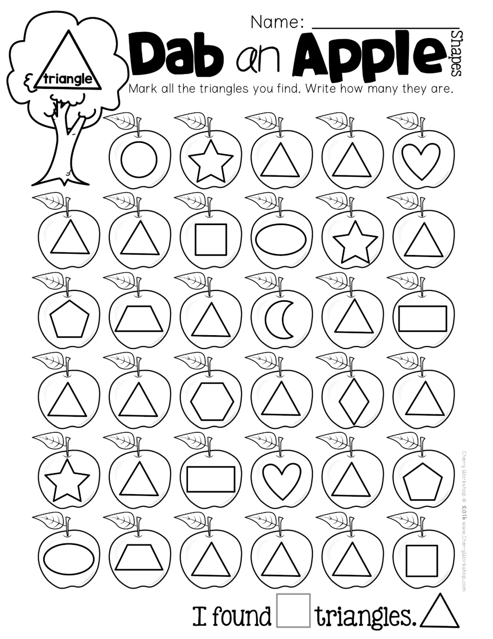 Dab an Apple triangles: students find and mark each triangle among mixed shape apples, then record the total