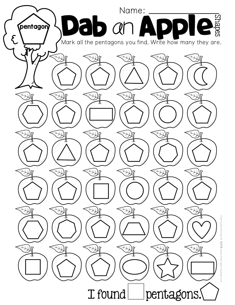 Dab an Apple pentagons: students mark every five-sided pentagon, sorting it from hexagons and heptagons, and count them