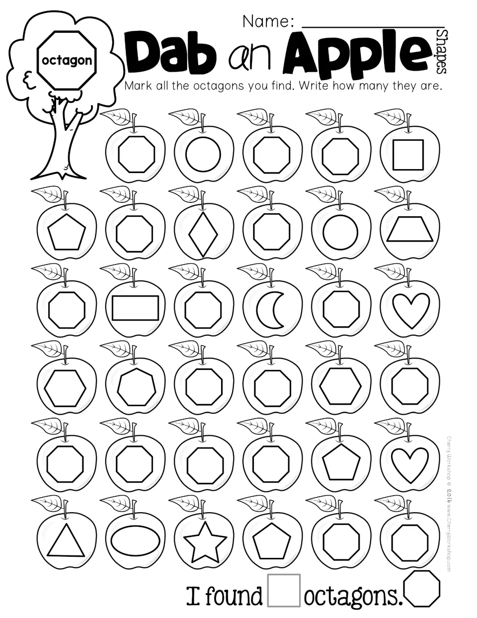 Dab an Apple octagons: students mark each eight-sided octagon, telling it apart from hexagons and circles, then count