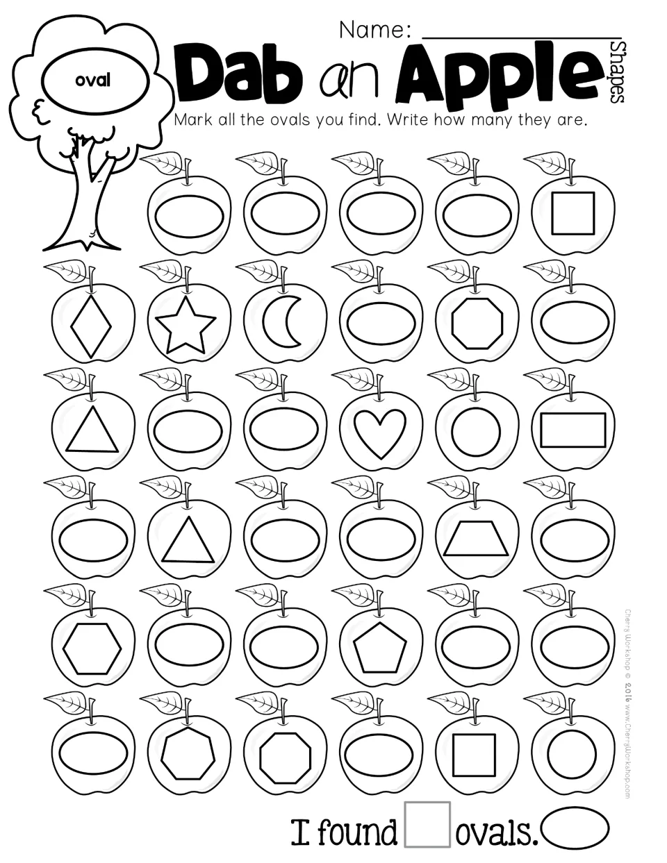 Dab an Apple ovals: students find and mark every oval among apples with circles, squares and other shapes, then count