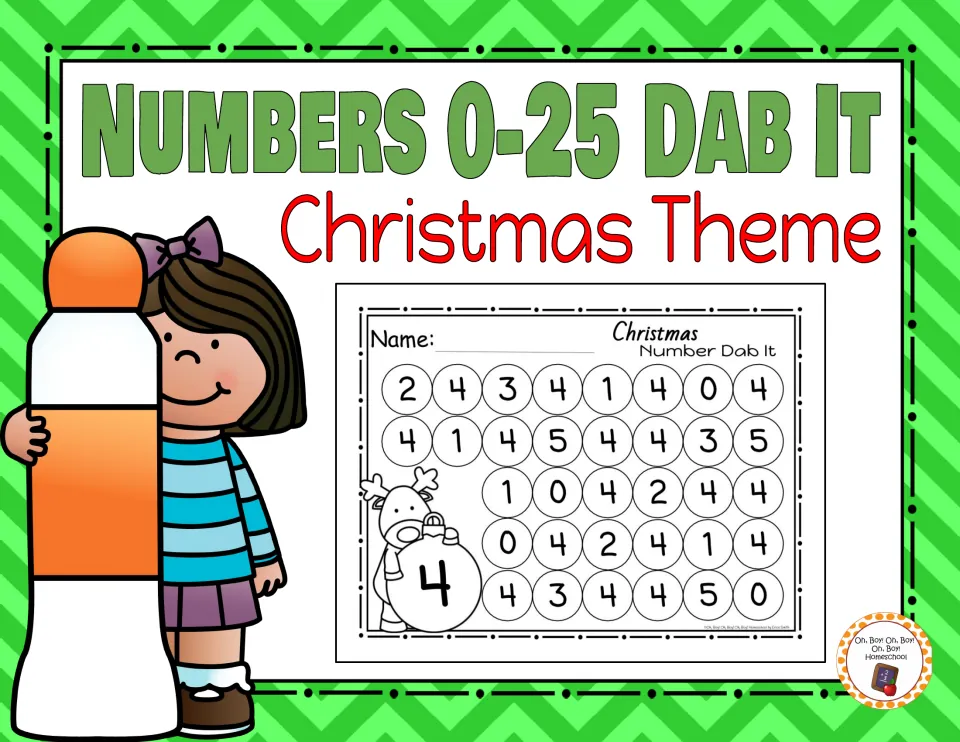 Numbers 0-25 Dab It, Christmas Theme cover, previewing the number 4 sheet with a reindeer and circled numbers