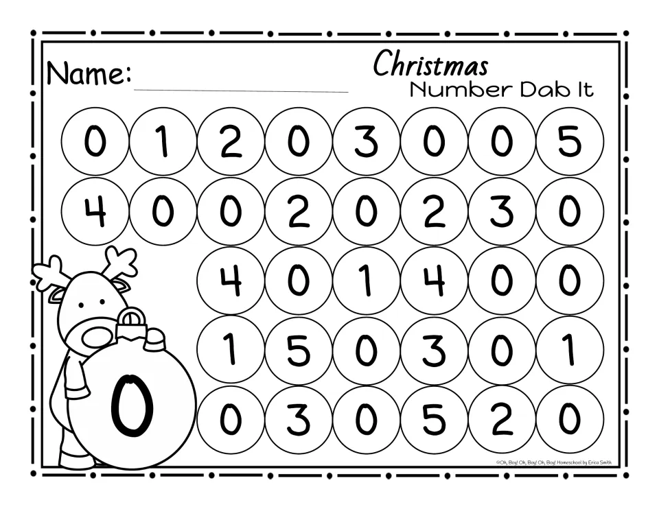 Dab It page for the number 0: a reindeer holds an ornament with 0, beside circles of mixed numbers 0 to 5
